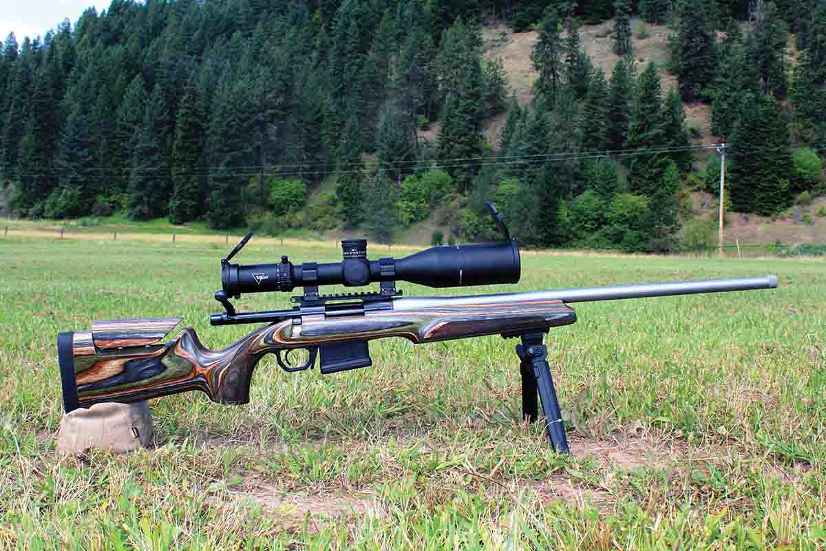 Patrick’s .22 Creedmoor was built by Little Crow Gunworks on a Remington 700 action using a PROOF Research barrel and Stocky’s AccuBlock EuroMatch adjustable cheekpiece laminated stock. A MAGPUL magazine well kit was added.